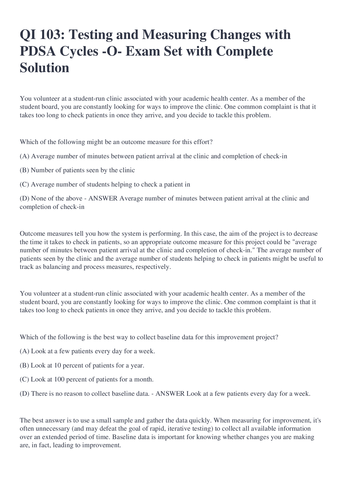 Preview image for QI 103: Testing and Measuring Changes with PDSA Cycles -O- Exam Set with Complete Solution